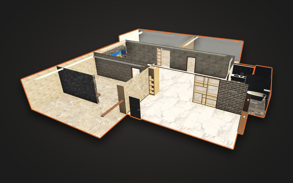 Casa de piedra y mármol: interior en corte