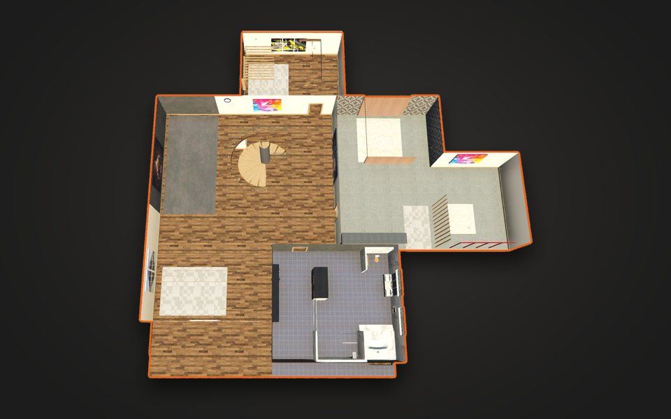 Casa con escalera de caracol: interior en corte