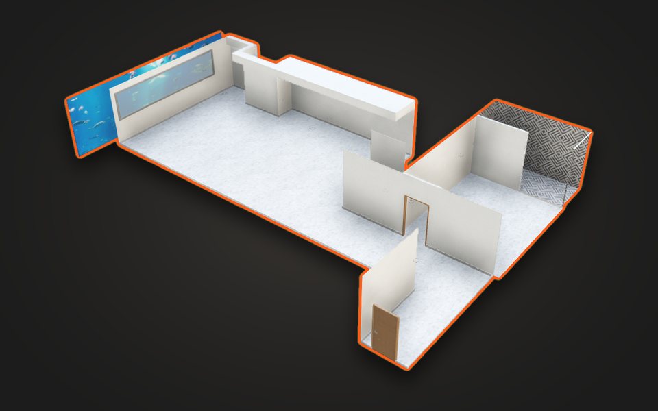Estudio con acuario: interior en corte